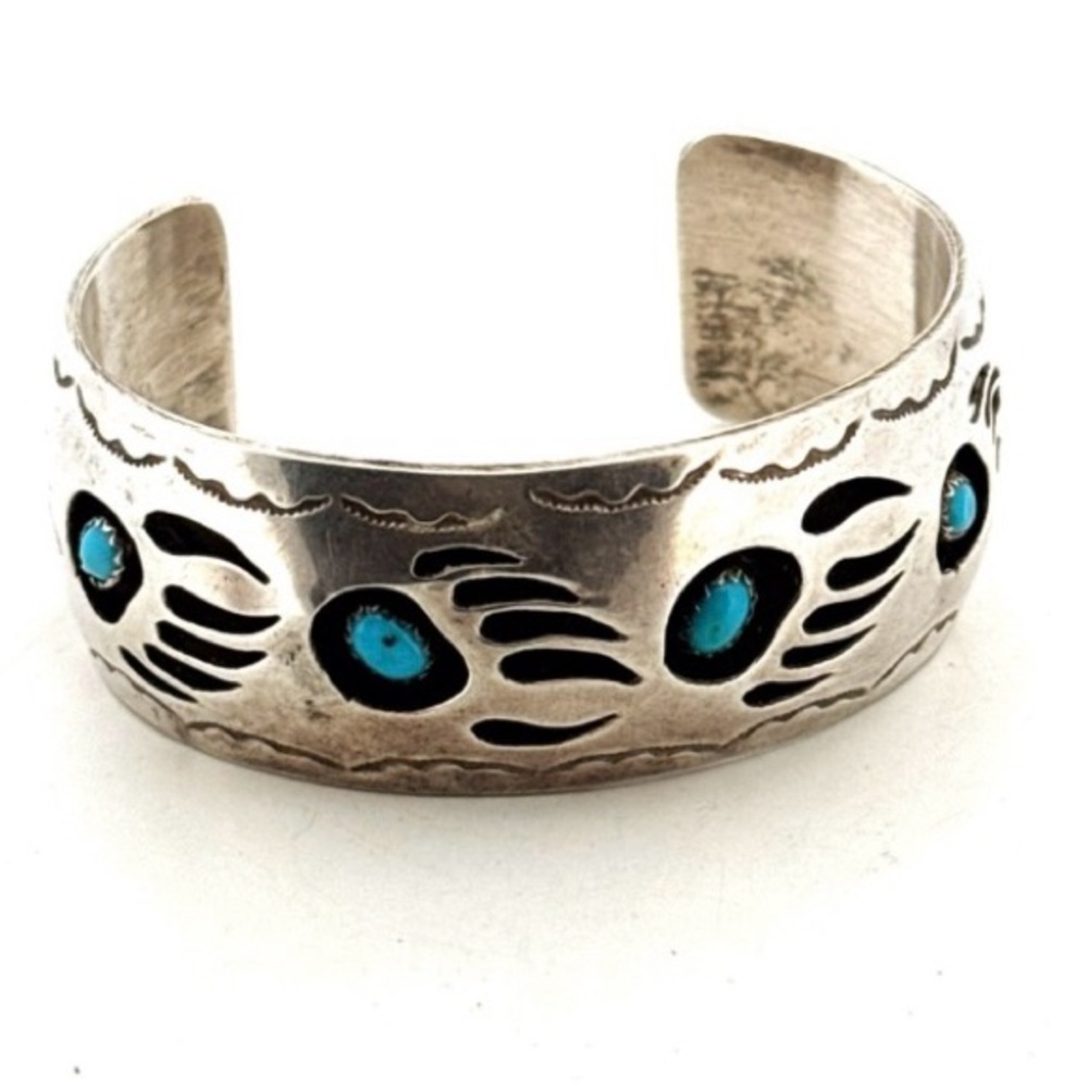 Navajo Pearlene Spencer Talley Turquoise Silver Bear Paw Cuff